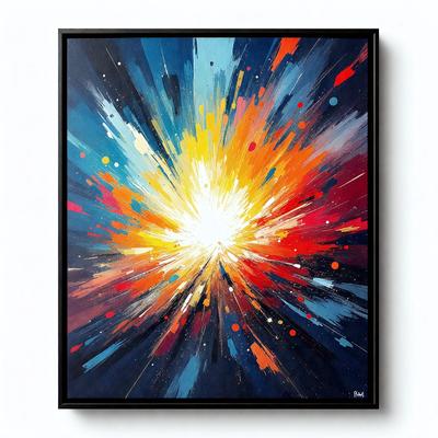 The primary subject of the image is a painting of a colorful explosion. The setting is a white background, and the visual style is a digital art or illustration. The dominant colors in the painting are red, blue, and yellow, creating a vibrant and energetic atmosphere.